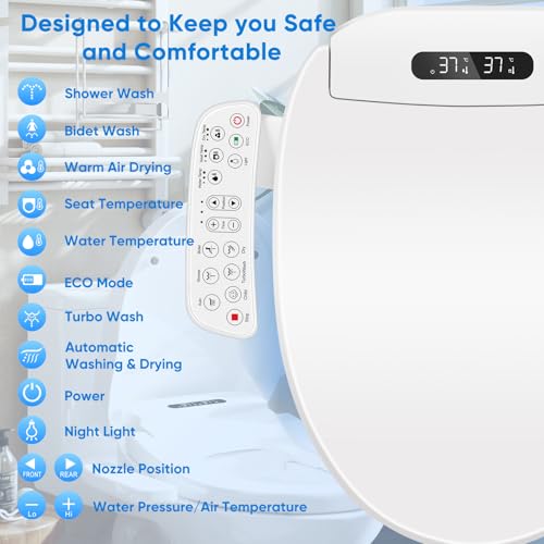 Electric Bidet Attachment for Toilet Seat with Heated Seat Oval Toilet Seat Replacement Soft Close with Bidet Jet Sprayer, Endless Warm Water Air Dryer, Oscillating with Child Mode, Sense Seat