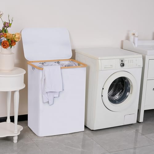efluky Laundry Hamper with Lid, Trio Laundry Basket with 2 Removable Bags, 3 Section Laundry Bin with Bamboo Handles for Bathroom, Bedroom & Laundry Room, 160L (42.3 Gallon) White - color: White, size: 160L Trio
