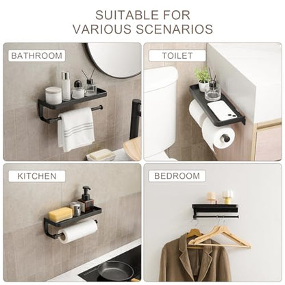 Paper Towel Holder Wall Mount with Shelf, Bathroom/Kitchen Paper Towel Holder, Effortless One-Handed Tear, Rust-Proof Metal for Bedroom - color: Black