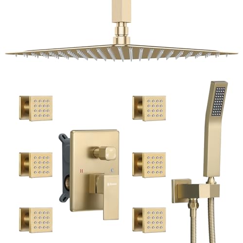 DASAN Full Body Shower System with 6 PCS Body Spray Jets & 12'' Rain Shower Head & Handheld, Ceiling Mount Rain Shower System Brushed Gold Shower Faucets Sets Complete with Valve, SA-SS03ABG-S12C - color: Brushed Gold