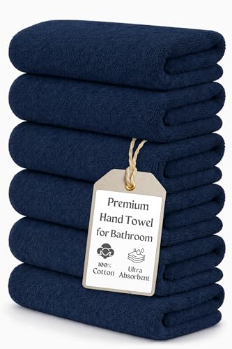 Set of 6 Luxurious Hand Towels for Bathroom, 16x28 inches, 100% Cotton, Ultra-Soft, Absorbent & Durable, 600GSM Bathroom Hand Towel - Ideal for Gym, Bath, Spa Use (Navy, 6 Pack) - color: Navy