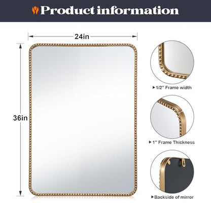 24"x36" Champagne Bronze Mirror Bathroom, Beaded Vanity Mirror | Mount Vertically or Horizontally, Shatterproof Safety, HD, Brass Vanity Mirror for Bedroom Entryway Living Room Fireplace - size: 36"L x 24"W