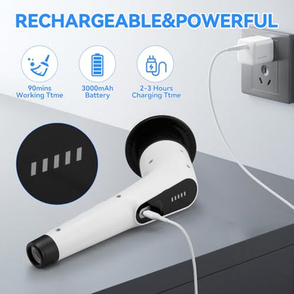 Electric Cordless Spin Scrubber – 2-Speed High-Efficiency Adjustable Portable Cleaning Brush for Home, 8 Replaceable Brush Heads for 360° Powerful Cleaning in Bathroom, Kitchen, Car(Pure White)