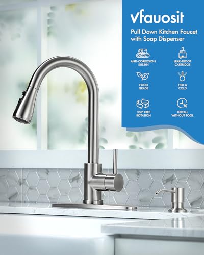 VFAUOSIT Kitchen Faucet with Pull Down Sprayer and Soap Dispenser | Deck Plate Included for 1–4-Hole Sinks, 3 Spray Modes, 20-Inch Hose, 360° Swivel, SUS304 Steel, 15-Minute Install - color: Brushed Nickel-05