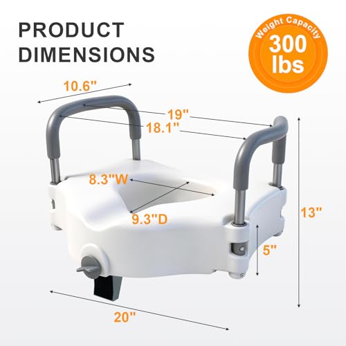 Raised Toilet Seat with Handles, Toilet Seat Riser for Seniors | Adjustable Height & Width, Cozy Padded, 300lb Capacity, Handicap Toilet Seat for Elderly - size: Standard with Handles