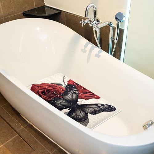 Bathtub Mat Non Slip 26.8x15.1 Inch, Roses Butterflies Shower Mat with Suction Cups and Drain Holes, Machine Washable Shower Mats for Inside Shower - color: Multi 11