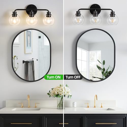 Bathroom Light Fixtures Black Vanity Light, 3 Light Modern Wall Sconces Lighting Bathroom Lights with Globe Clear Glass Shades, Bath Wall Lights Wall Lamp for Mirror Kitchen Living Room Hallway | Wall Sconces Lighting with Globe Clear Glass Shades, Bath W