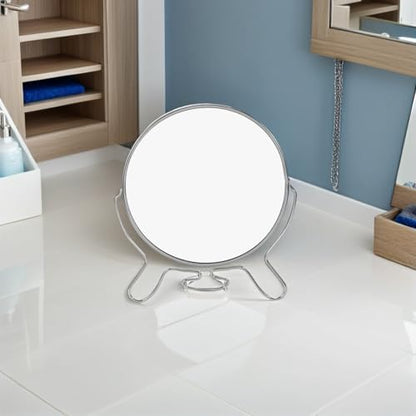 2pcs Double Sided Makeup Vanity Mirrors with Stand, 6-inch Round Lightweight Metal Frame and Glass, Foldable Swivel Tabletop Mirrors for Eyebrow Grooming at Home Use