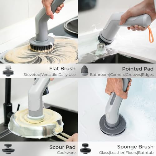 IPX8 Waterproof Electric Spin Scrubber with Built-in Light, Cordless Dual-Turbo Rotation Cleaning Brush, 2 Speeds & 7 Brush Heads Power Scrubber for Bathroom, Tile, Corners, Grout, Crevices