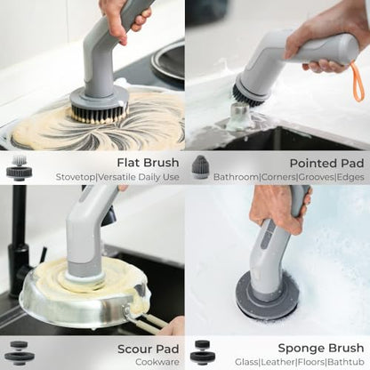 IPX8 Waterproof Electric Spin Scrubber with Built-in Light, Cordless Dual-Turbo Rotation Cleaning Brush, 2 Speeds & 7 Brush Heads Power Scrubber for Bathroom, Tile, Corners, Grout, Crevices