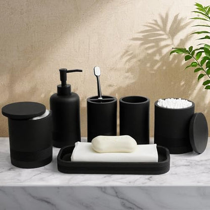 LIN CHUAN 6-Piece Bathroom Accessories Set, Modern Bathroom, Black | Includes soap dispenser, toothbrush holder, vanity tray, tumbler, and 2 cotton swab jars for bathroom organization set. - color: Black