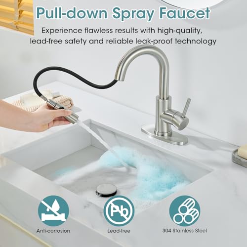 Brushed Nickel Bathroom Faucet with Pull Down Sprayer, 2 Flow Mode | Modern Stainless Steel Bathroom Sink Faucet with Pop-up Drain and Hoses, RV & Outdoor Basins, for 1 or 3 Hole - color: Brushed Nickel