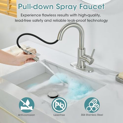 Brushed Nickel Bathroom Faucet with Pull Down Sprayer, 2 Flow Mode | Modern Stainless Steel Bathroom Sink Faucet with Pop-up Drain and Hoses, RV & Outdoor Basins, for 1 or 3 Hole - color: Brushed Nickel