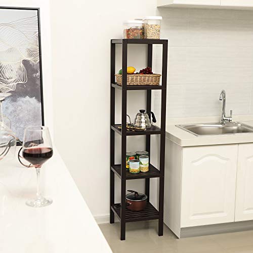 SONGMICS Bamboo Storage Shelf, 5-Tier Shelving Unit, Multifunctional, in the Entryway, Bathroom, Living Room, Balcony, Kitchen, 13 x 13 x 57.5 Inches, Brown UBCB55Z - color: Brown, size: 5 Tiers (13"D x 13"W x 57.5"H)