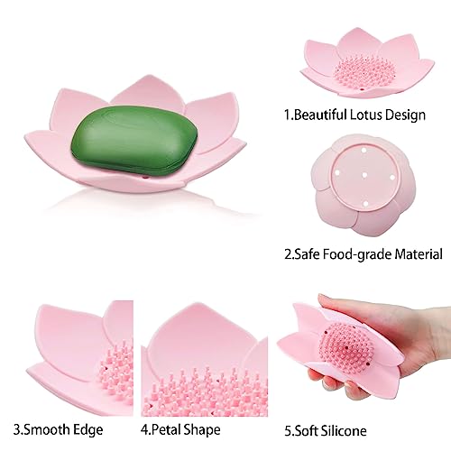 4 Pack Silicone Soap Dishes with Draining, Lotus Flowers Bar Soap Holder for Shower, Soap Saver for Counter, Bathtub, Kitchen Sink (White/Gray/Blue/Pink) - color: White/Grey/Blue/Pink