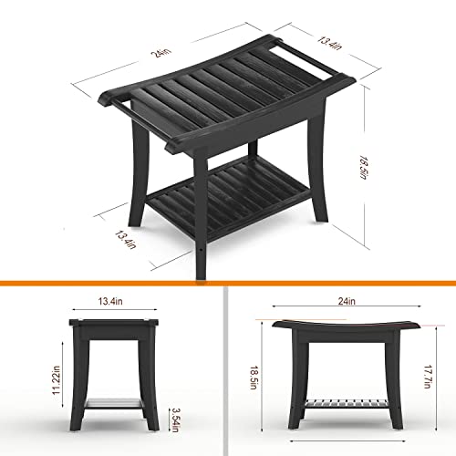 Bamboo Shower Stool Bench Waterproof with Storage Shelf for Shaving Legs or Spa Bath Seat in Bathroom & Inside Shower for Adults Seniors Elderly (24 x 13.4 x 18.5 inches+Black) - size: 24 x 13.4 x 18.5 inches+Black