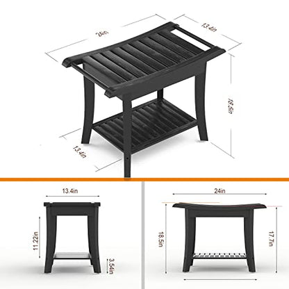 Bamboo Shower Stool Bench Waterproof with Storage Shelf for Shaving Legs or Spa Bath Seat in Bathroom & Inside Shower for Adults Seniors Elderly (24 x 13.4 x 18.5 inches+Black) - size: 24 x 13.4 x 18.5 inches+Black