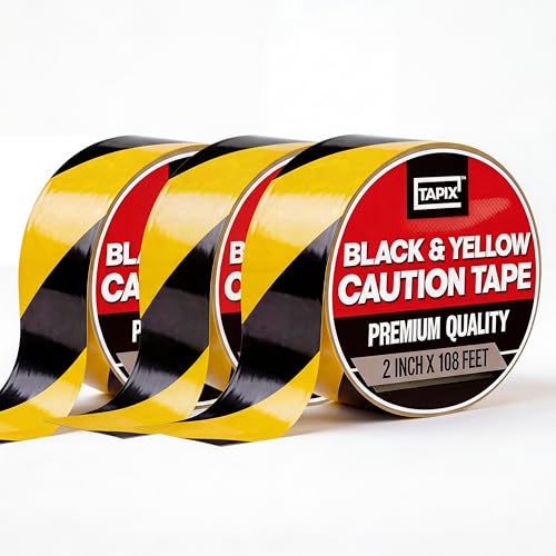 Tapix (3 Pack 2 Inch x 108 Feet Black & Yellow Tape Roll - Safety Stripe Waring Tape for Floor - Highly Adhesive Waterproof Hazard Tape for Floors, Walls, Staircase, Pipes, Equipment, Dangerous Area