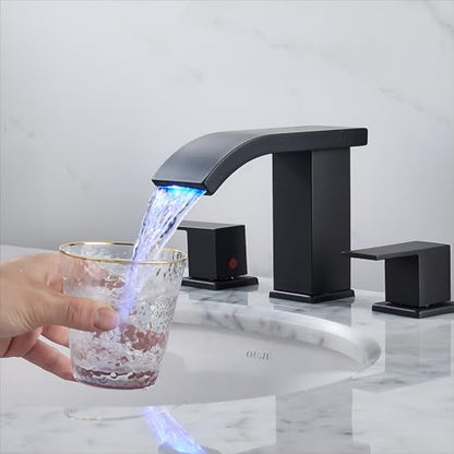 Bathroom faucets 3 Hole Widespread Modern Bathroom Sink Faucet 8 inch Matte Black Bathroom 3 Hole LED Light Waterfall Vanity Faucet Sink with Pop Up Drain (Matte Black) - color: Matte Black