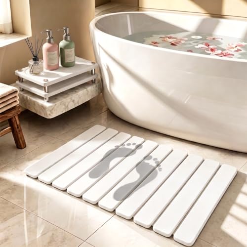 2-in-1 Foldable Stone Bath Mat & Dry Sink Caddy Set, Quick Dry Diatomaceous Earth Bath Mat, Water Absorbing Non Slip Bathroom Floor Mat, Tub & Vanity Counter