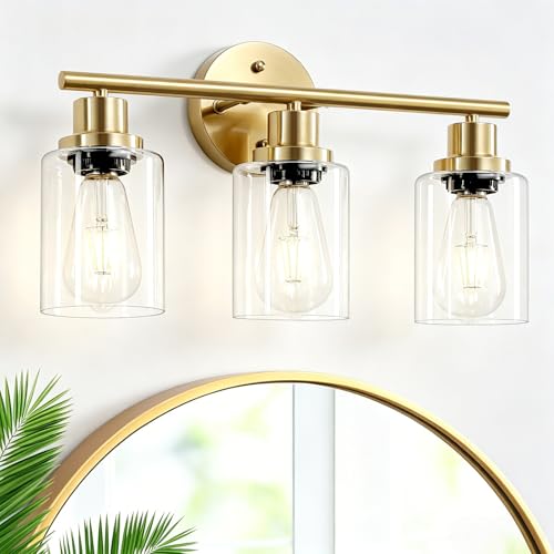 3-Light Brushed Gold Vanity Lights, E26 Modern Bathroom Light Fixtures with Clear Glass Shade, Wall Lamps for Mirror Kitchen Hallway Cabinet Living Room Sconces Lights - color: Gold & Clear Glass Shade, size: 17.7 Inch : 3-Light