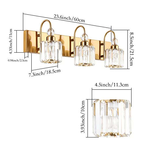 Ralbay Brass Gold Bathroom Vanity Lights 3-Lights Brass Gold Crystal Vanity Lights Over Mirror Modern Crystal Brass Gold Bathroom Vanity Lighting Fixtures - color: Round-Brass, size: 3-light