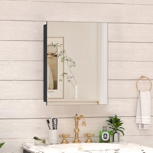 14 x 18 Farmhouse Medicine Cabinet for Bathroom, Small Black Bathroom Mirror with Storage, Tempered Glass, Frameless Recessed or Wall Mount Aluminum Medicine Cabinet - Pre-Assembled - color: Black, size: 14 x 18 IN