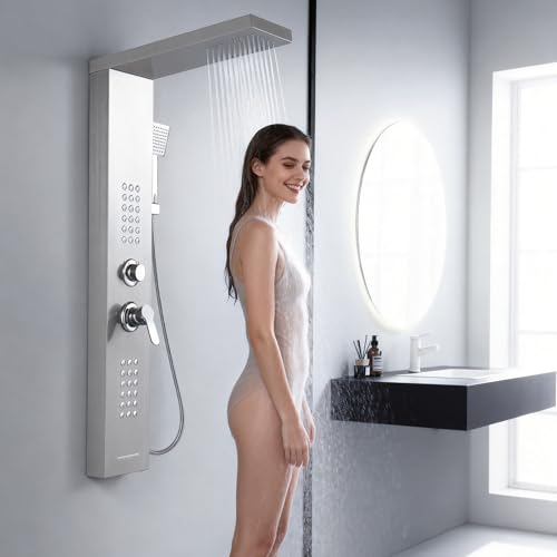 ROVATE 4 in 1 Rainfall Shower Panel Tower with Powerful Body Jets, Brushed | High Pressure Stainless Steel Shower Column with Flexible Handheld, Waterfall Tub Spout, Adjustable Waterflow - color: Brushed Finish