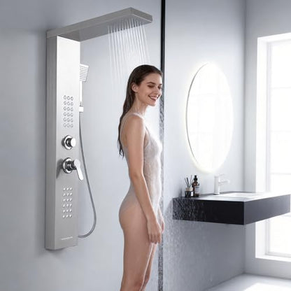 ROVATE 4 in 1 Rainfall Shower Panel Tower with Powerful Body Jets, Brushed | High Pressure Stainless Steel Shower Column with Flexible Handheld, Waterfall Tub Spout, Adjustable Waterflow - color: Brushed Finish