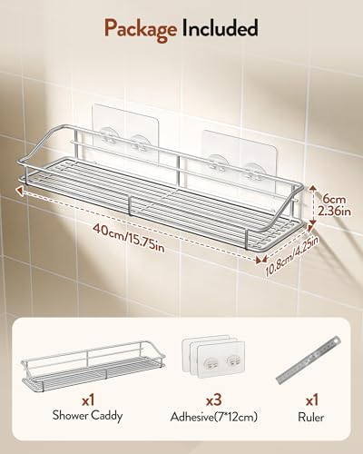Orimade Bathroom Shelf Organizer Shower Caddy Storage Kitchen Rack with Traceless Transparent Adhesive No Drilling SUS304 Stainless Steel, 15.75 inch, Silver - color: Silver