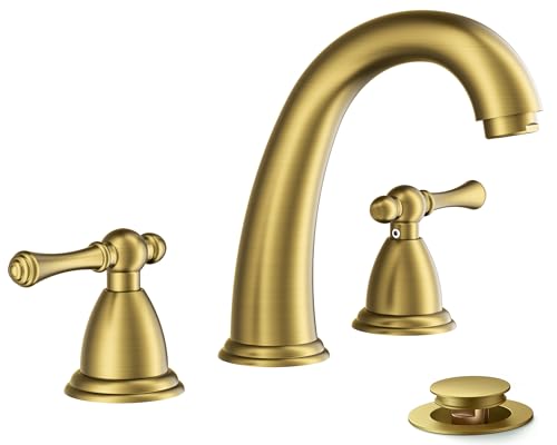 FORIOUS Bathroom Faucet 3 Hole Widespread 8" Sink Faucets Brushed Gold | 3-hole 6-12 Inch Widespread Sink, 2 Lever Handle, with Drain and Hoses,for Vanity Rv Commercial Lavatory Restroom Farmhouse - color: Brushed Gold, style: Classic