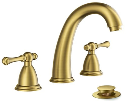 FORIOUS Bathroom Faucet 3 Hole Widespread 8" Sink Faucets Brushed Gold | 3-hole 6-12 Inch Widespread Sink, 2 Lever Handle, with Drain and Hoses,for Vanity Rv Commercial Lavatory Restroom Farmhouse - color: Brushed Gold, style: Classic