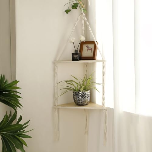 Artilady Corner Shelf Macrame Wall Hanging, Boho Wood Storage Wall Decor | Adjust White Floating Shelves, Farmhouse Rustic Plant Crystal Candle Holder Display, Bedroom Bathroom Living Room Home Decor - color: Beige - 2 Tier