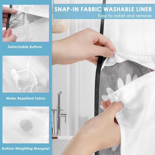 No Hook Shower Curtain with Snap in Liner 71x74 Inch Daisy Grey | Farmhouse Pink Butterfly Modern Double Layers Waterproof Fabric with See Through Top Window Open Grommet Bath Curtain - color: Grey, size: 71"W x 74"L (Pack of 1)