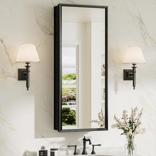15 x 36 Black Recessed Medicine Cabinet with Mirror, Assembly Required, Bathroom Medicine Cabinet with Mirror, Stepless Adjustable Shelves, Beveled Aluminum Frame, DTC Hinge - color: Black, size: 15x36 in