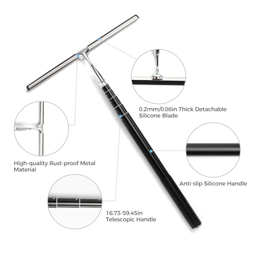 17“- 60" Extendable Long Handle 2-in-1 Window Squeegee Silver | 12.4" Wide Metal Shower Squeegee for Glass Doors, 2-in-1 Squeegee for Home Window Cleaning, Tile Wall, Car - color: Black/Silver