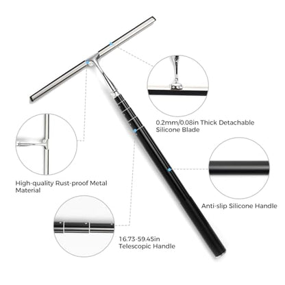 17“- 60" Extendable Long Handle 2-in-1 Window Squeegee Silver | 12.4" Wide Metal Shower Squeegee for Glass Doors, 2-in-1 Squeegee for Home Window Cleaning, Tile Wall, Car - color: Black/Silver