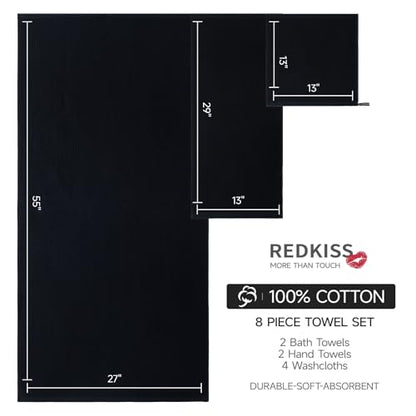 REDKISS Quick Dry Waffle Towel Set of 8, 100% Cotton,Lightweight & Highly Absorbent Waffle Towels for Bathroom, Spa, Gym, Pool-2 Bath Towels, 2 Hand Towels & 4 Washcloths,Black - color: Black