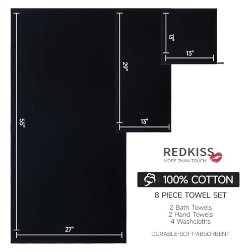 REDKISS Quick Dry Waffle Towel Set of 8, 100% Cotton,Lightweight & Highly Absorbent Waffle Towels for Bathroom, Spa, Gym, Pool-2 Bath Towels, 2 Hand Towels & 4 Washcloths,Black - color: Black