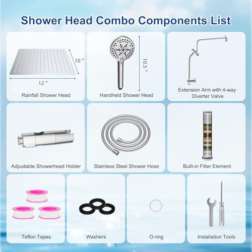 Metal 12" Rain Showerhead with 10-Spray Handheld, Easy Reach 4-way Diverter | NSF/ANSI/CAN 372 Certified, Chrome, High Pressure Shower Head with Pause Mode, 71" Stainless Steel Hose/12" Extension Arm - color: Chrome, style: Square 12"