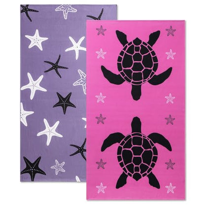 Oversized Beach Towels 4 Pack,40”x70” Microfiber Thin Large Beach Towel Set for Adults Travel Camping Swimming,Turtle Starfish Them Sand Free Quick Dry Lightweight XL Pool Towels -Purple & Rose Red - color: Purple, Rose Red