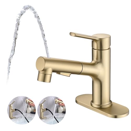 Bathroom Sink Faucet with Pull Out Sprayer, Single Handle Modern Bathroom Basin Faucet with Pop-up Sink Drain Stopper & Deck Plate 1 or 4-inch Centerset 3 Hole, Gold - color: Gold
