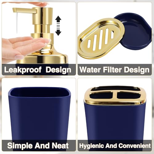 XLHOMO Navy Blue Bathroom Accessories Set 8 Piece Navy Blue and Gold Bathroom Set, Bathroom Sets with Stainless Steel Trash Can,Toilet Brush,Toothbrush Set,Soap Dispenser - size: Navy blue, style: Bath Set