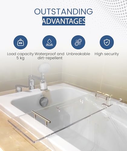 Acrylic Bathtub Tray Bathtub Tray Caddy Bath Tray Table for Tub Luxury Spa with Book and Wine Glass Holder Bathroom Accessories for Decorative Bathtubs, Transparent 31.5inch