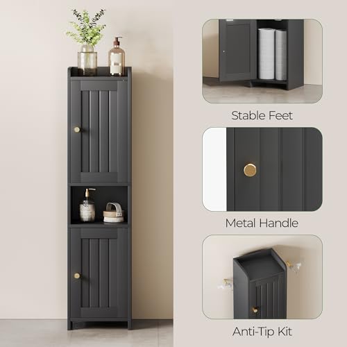 Bathroom Cabinet with 2 Doors, 7.3 x 9.8 x 40.4 Inches, Small Freestanding Storage Cabinet with Adjustable Shelf, Floor Cabinet for Small Spaces, Bathroom, Entrances, Kitchen, Black