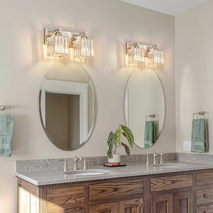 Modern Vanity Light 2-Lights Brushed Nickel Vanity Light Crystal Bathroom Wall Light Bathroom Light Fixtures - color: Nickel Straight, size: 2-light