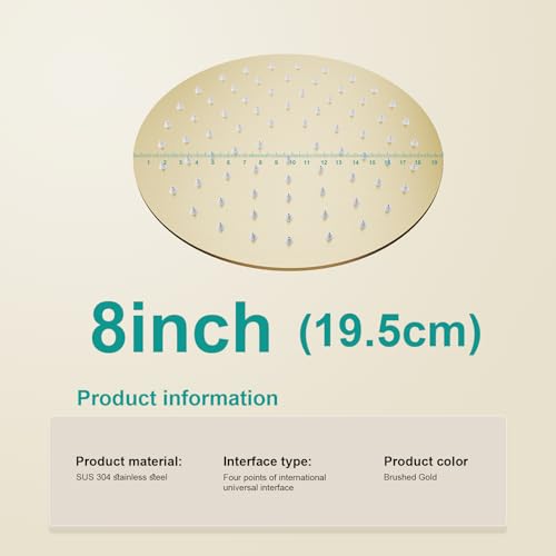 All Metal Rain Shower Head - Heavy Duty Stainless Steel, Easy Install, High Water Flow, Ultra-Thin Modern Design for Bathroom (F-Brushed Gold, 8) - color: Brushed Gold, size: 8
