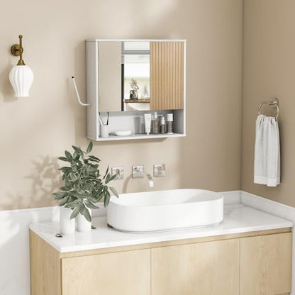 Bathroom Cabinet with Mirror & LED, Wall Mounted Bathroom Cabinet,Side Hook | Magnetic mirror Door,Detachable magnetic Light ,Adjustable Shelves,Side Hook,Open Bottom Shelf,Wood Grain,Over Toilet Mount - color: White&wood