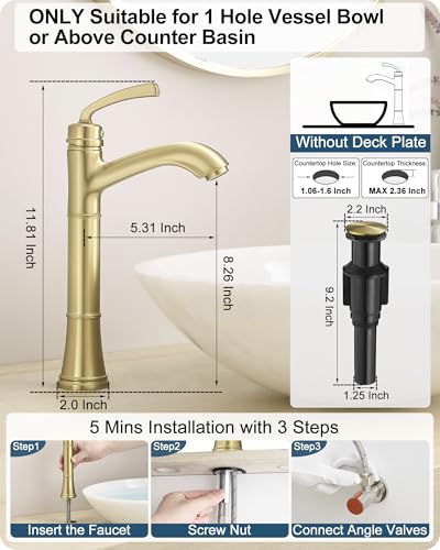 Brass Gold Vessel Sink Faucet, Tall Single Hole Bathroom Faucet for Vessel Sink Single Handle with Pop-Up Drain & Pre-Installed Hoses - color: Brushed Gold