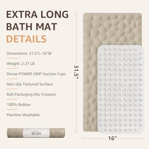 Bligli Bathtub Mat Non Slip, 16x31.5 inch Extra Long Bath Tub Mat with Strong Suction Cups, Soft Rubber Bathroom Floor Mat, Machine Washable, 100% BPA Free (Brown) - color: Brown, size: 31.5" x 16" (Rectangular)